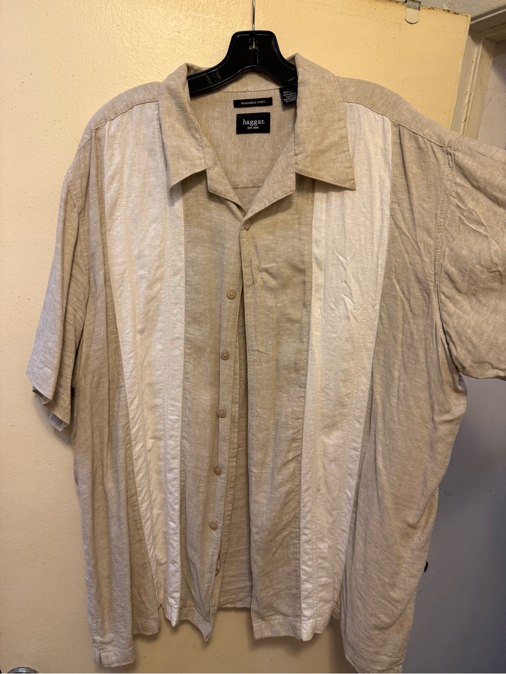 Haggar Light Beige & Cream Linen-Blend Short Sleeve Button-Down